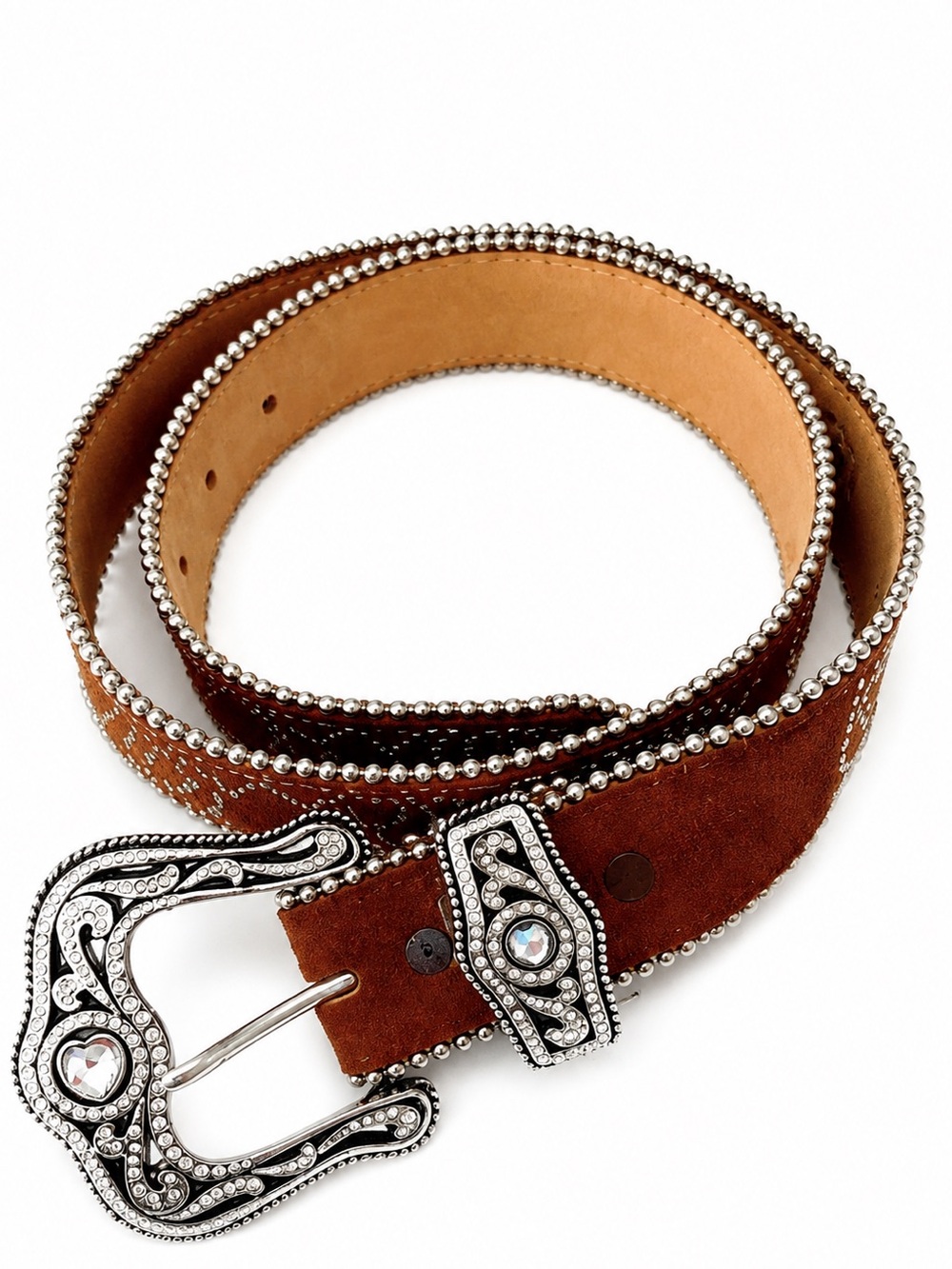 Tony Lama Brown Suede Belt 34 Crystal Heart Buckle Studded Western Cowgirl Y2K